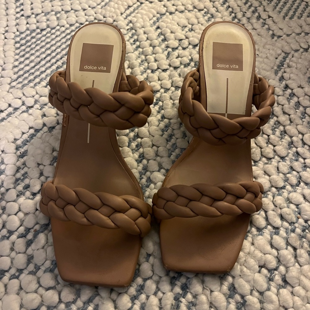 Dolce Vita Braided Double-Strap Heeled Sandals — Tan